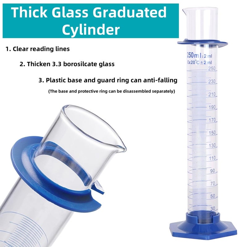 KIGITIK 2Pcs 250ml Graduated Cylinder, Thick Glass Measuring Cylinder, with Anti-Falling Plastic Base and Bumper Guards, for Science Laboratory Measuring Liquid, Bring 2 Brushes and 2 droppers - Image 3